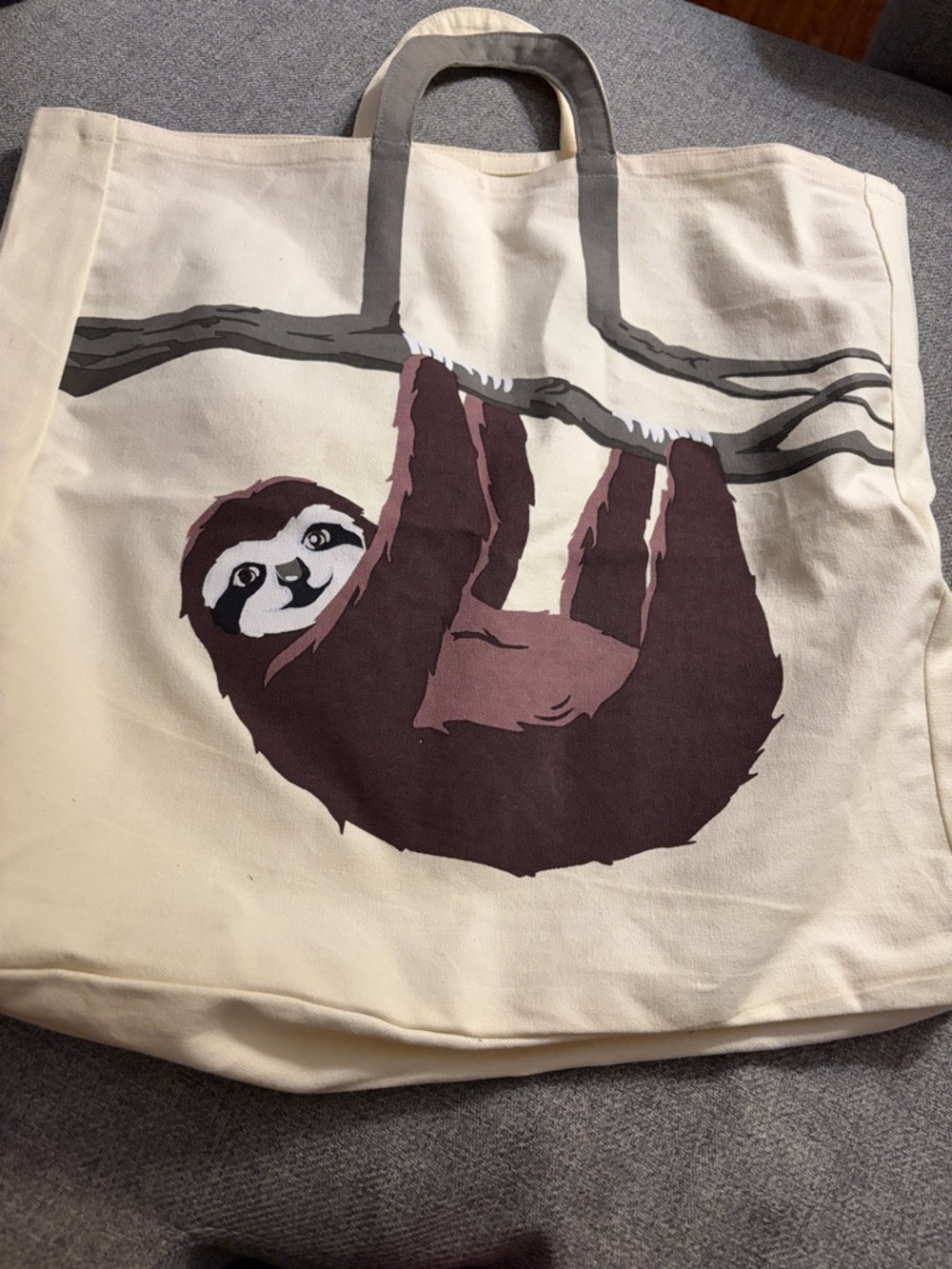 Canvas Tote Bag with Sloth Print - Cream